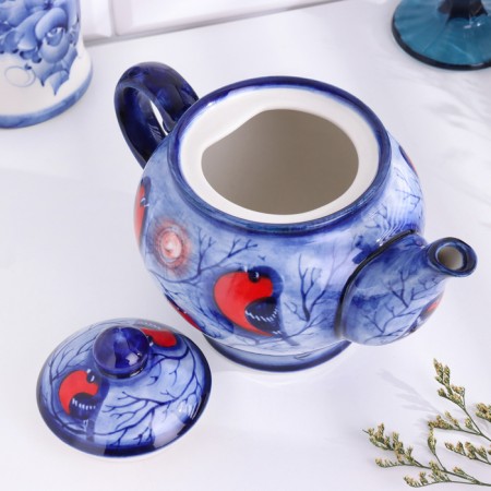 Kettle "Coys", bullfinches, small, 14 x 14 cm, gzhel-3
