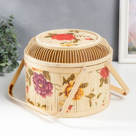 Bamboo box "Garden with peonies" openwork, with handles 19x26x26 cm