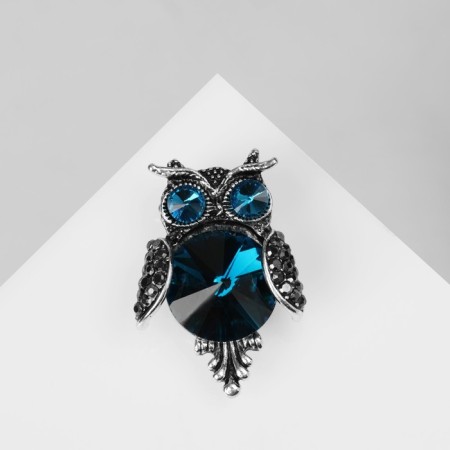 Brooch "Owl Round", blue color in black silver-1