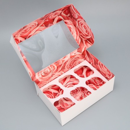 Box for cupcakes, confectionery packaging double -sided, 6 rose cells, 25 x 17 x 10 cm-4