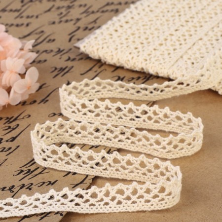 Knitted lace, 15 mm × 15 ± 1 m, beige color