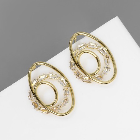 Earrings with rhinestones "Bloom" a triple circle, white in gold
