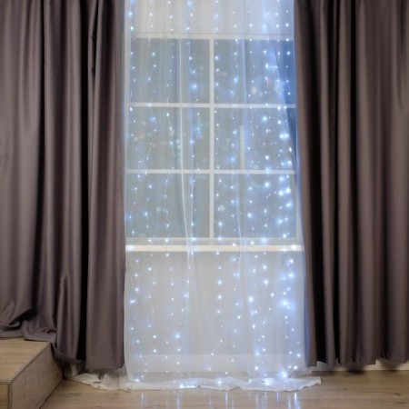 Garland "Curtain" 2.8 × 3 m dew on hooks, IP20, silver thread, 300 LED, white glow, flicker, USB-1