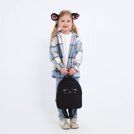 School textile backpack with ears on the hairpins "Cat", 27x23 cm, black color-17