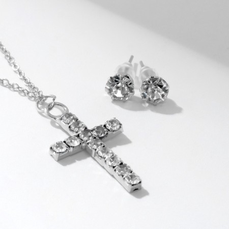 Set 2 objects: earrings, pendant “cross”, white color in silver, 43 cm-3