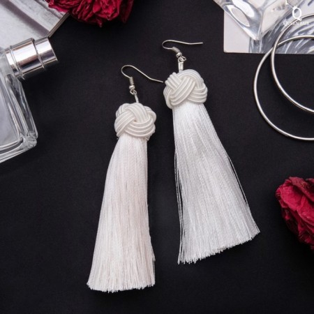 Earrings "Brushes" romance, white color in silver, brush length 8.5 cm-1