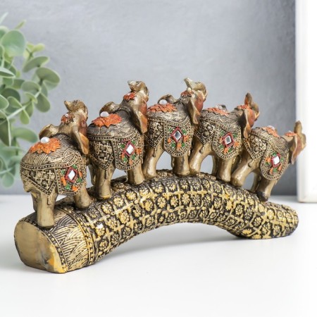 Polystone souvenir "Five elephants on a tusk with flowers" Bronze 20.5x4x11 cm-2