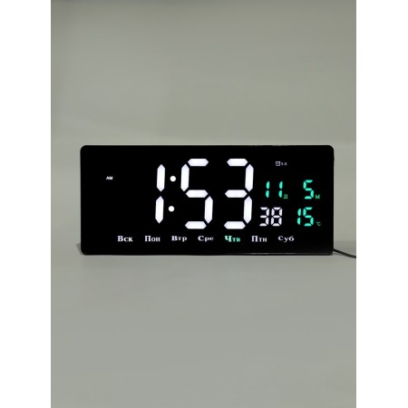 Electronic wall clock, calendar and thermometer, 36.2 x 15.5 cm, white numbers 10 x 4.5 cm 1076627-2