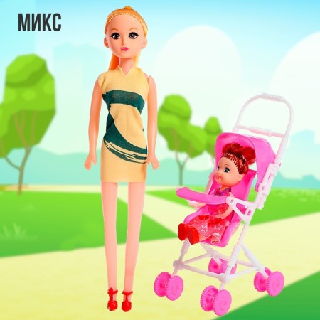 Mom and daughter doll with a stroller, mix-11