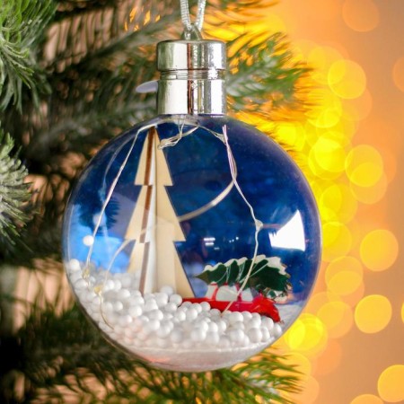 New Year's ball with a wooden figure and backlight "Machine and Christmas tree" 10x10 cm