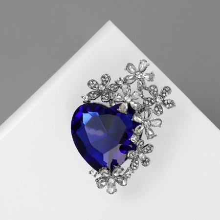 Brooch "Heart" in flowers, white-blue color in silver