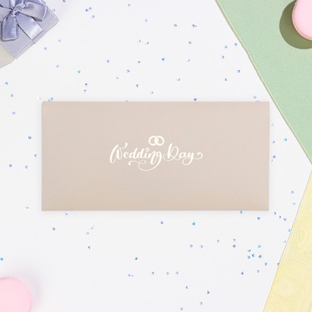 Money envelope "Wedding Day!" Gold on beige, two rings, embossing, 16.5 x 8 cm