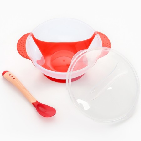 Feeding set: a bowl on the suction cup 340 ml., With a lid, a thermal engine, red-beige color-5
