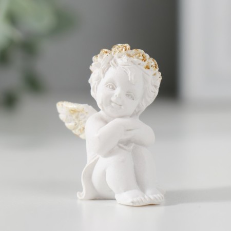 Souvenir Polystone "Angel with handles on the knees sits" White with gold 4x3x2 cm