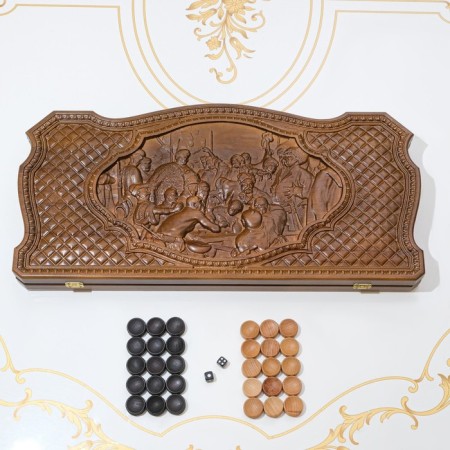 Carved backgammon "Cossacks", from an array of Buk, Patina, 58 x 56 cm