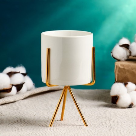 Kashpo "cylinder" white, on a gold stand, 15x8x8cm-1