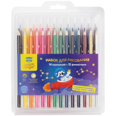 A set for drawing multi-bullets (felt-tip pens 12 colors, pencils 14 colors), plastic case-2