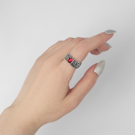 Ring "Japan" hieroglyphs, red color in black silver, dimensionless-2