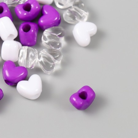 Plastic beads "Heart. Violet, white, transparent" set of 20 g 1.2x0.9x0.8 cm-2