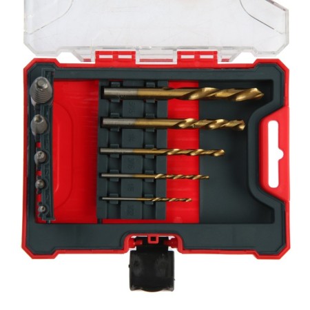 A set of extractors and tundra drills, large left thread, 45 steel M1-M5, D = 2.4-8 mm HSS, TIN-2
