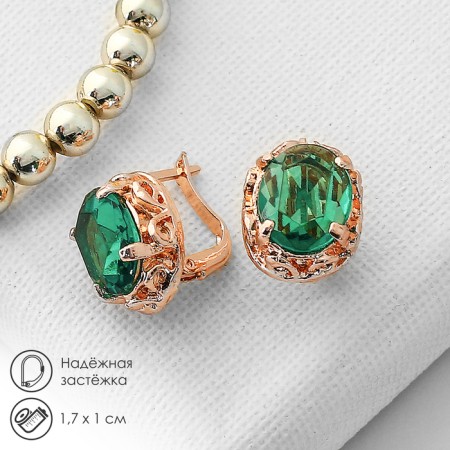 Earrings with rhinestones "Edel" oval classic, emerald color in pink gold