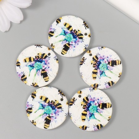 Decor for creativity wood "Circle. Bees on flowers" D = 3 cm-1