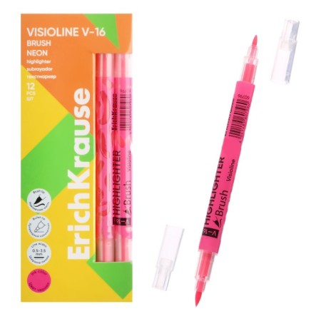 Textbook marker 0.5-3.5 mm Erichkrause Visioline V-16 Brush Neon, bilateral, pink neon, water-based ink