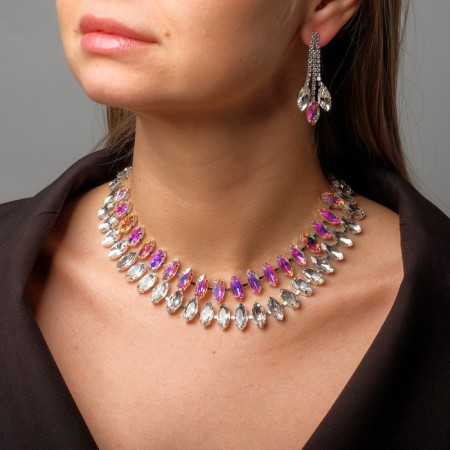 Set 2 objects: earrings, necklace "celebration" petals in 2 rows, the color of the rainbow-white in silver, 40 cm