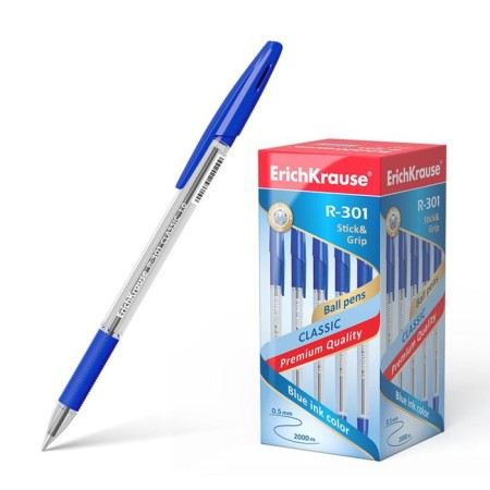Ballic handle Erichkrause R-301 Classic Stick & Grip, 1.0 mm node, blue, with a rubber holder, a soft and comfortable letter
