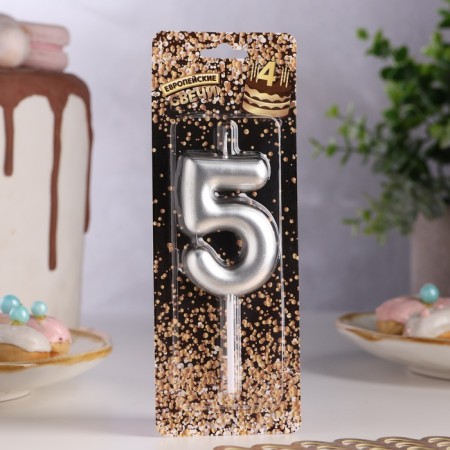Candle in the Cake "European", number "5", 6 cm, silver-1
