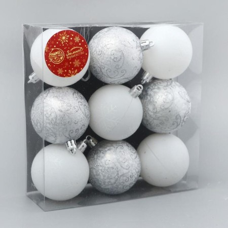 Set of balls plastic D-6 cm, 9 pcs "Frosty patterns" white, silver-1