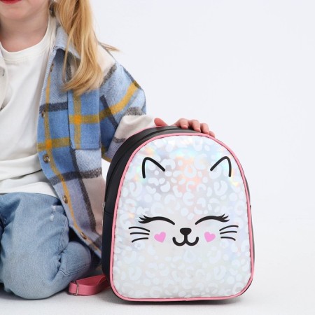 Baby backpack for girls Artificial leather, meow, cat, holography, 27x23 x 10 cm-7