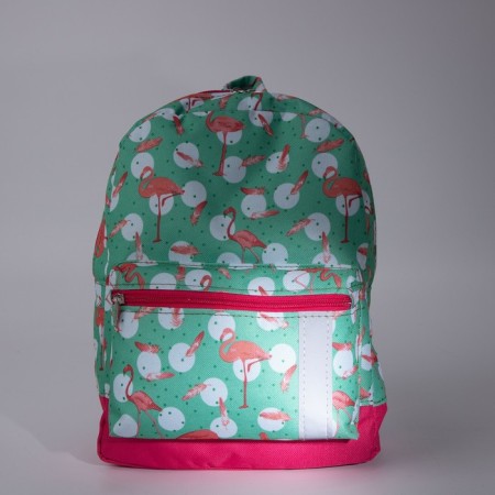 Baby backpack on a zipper, an external pocket, a reflective strip, turquoise color/pink color-6