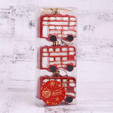Christmas tree decoration "Festive bus" 6.5x4.5 cm (set 3 pcs) red-white-1