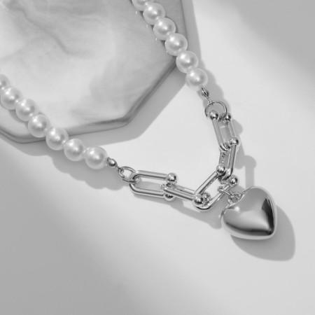 The necklace with pearls "heart", white color in silver, 37 cm-1