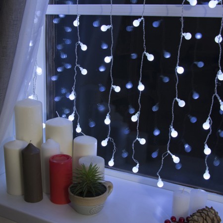 Garland "Curtain" 2 × 1.5 m with nozzles "Balls", IP20, transparent thread, 360 LED, white glow, 8 modes, 220 V-1