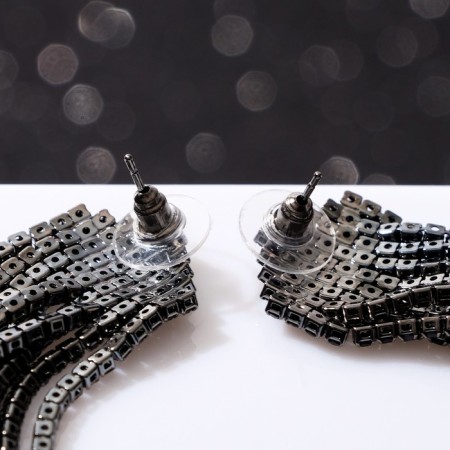 Hanging earrings with rhinestones "Waterfall" a house, black color in gray metal, 10cm-2