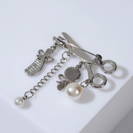 Brooch "Scissors with pendants", white color in silver-2