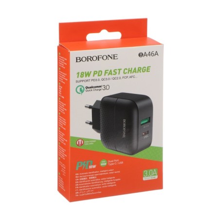 Network charger Borofone BA46A, USB Qc3.0 3 A, Type-C PD 3 A, Black-3