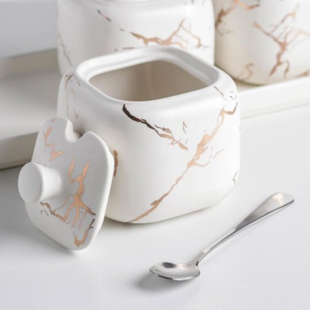 A set of ceramic cans for bulk products with spoons on the Gold stand, 3 items: 460 ml, white color-1