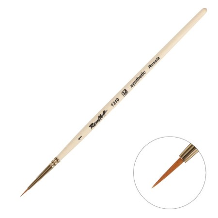 Synthetic brush, round, hard, shortened insert, rubloff series 1310 No. 1, short handle is saturated with varnish, yellow clip