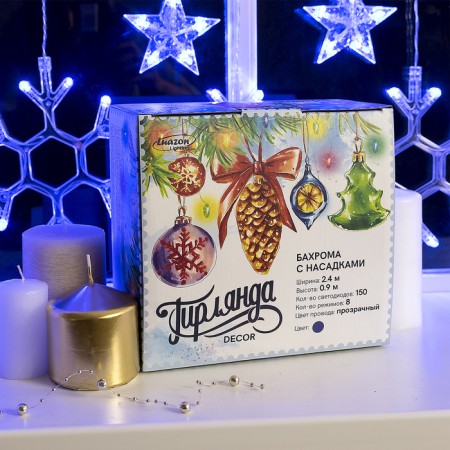 Garland “fringe” 2.4 × 0.9 m with nozzles “snowflakes”, ip20, transparent thread, 150 LED, glow blue, 8 modes, 220 V-4