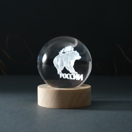 Souvenir glass backlight "Shar. Power of Russia" d = 6 cm stand wood, usb-4