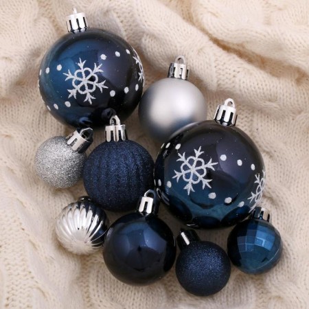 Set of balls plastic D-3 cm, D-4 cm, D-6 cm, 34 pcs "Night snowflakes" silver-blue