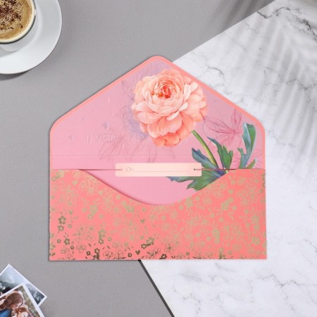 Envenue for money "On the wedding day!" Cutting off, congregation, embossing, coral background, 9.3x19 cm-1