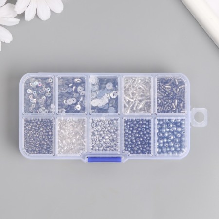Glass beads 8/0, 12/0 in the box "silver" beads, glass and sequins 13x6.5x2.3 cm-3