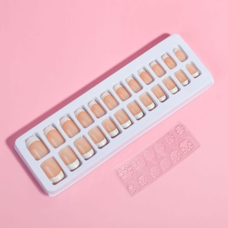 Falbled nails, 24 pcs, with glue plates, soft square shape, beige/white color-1
