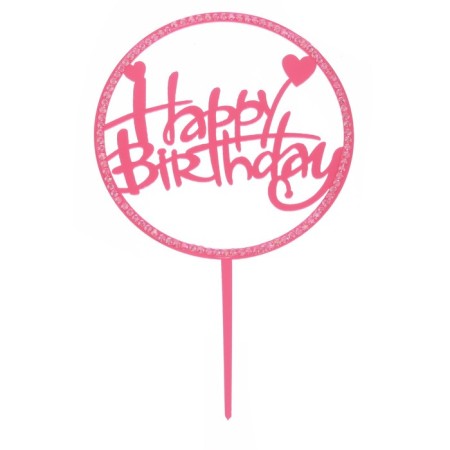 Topper "Happy Birthday", with rhinestones, bright pink color