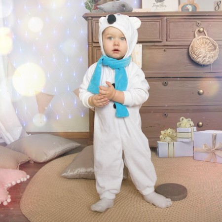 Carnival costume for kids “White Bear” with blue scarf, velor, cotton, height 74-92 cm