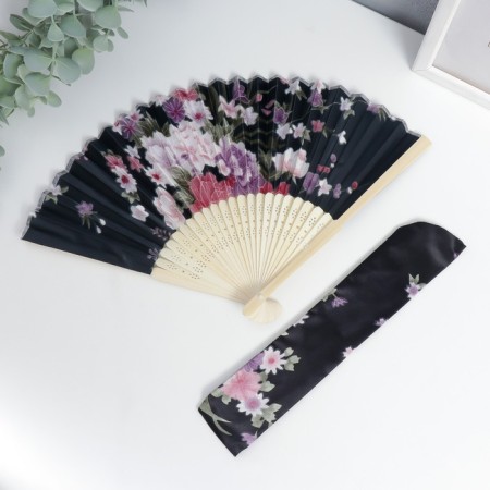 Fan bamboo, textile h = 21 cm "flowers" with a cover, black